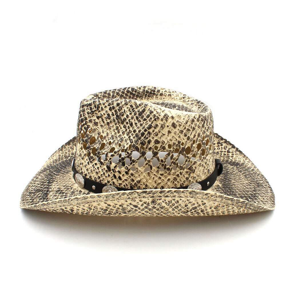 100% Straw Men Western Cowboy Hat Handmade Weave Dad Sombrero Hombre Cowgirl Jazz Caps Punk Belt Band Size 56-58CM