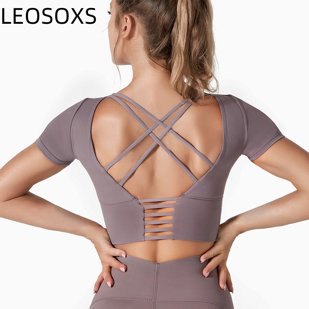 LEOSOXS Yoga Hemden trainieren offen zurück oben Langarm Ernte oben Frauen Frühling Herbst Fitnessstudio überqueren zurück Sport Shirt Kurzarm