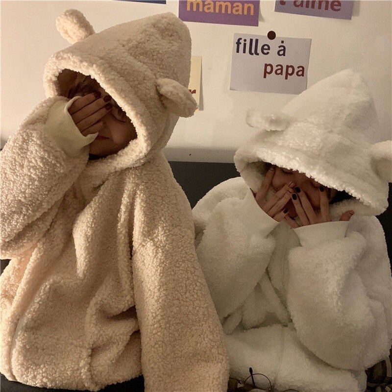 Nicemix varm fleecejakke til kvinder solid lodnet lynlås hættetrøjer teddy hættetrøje femme jakke dame plus size hættejakke i plys