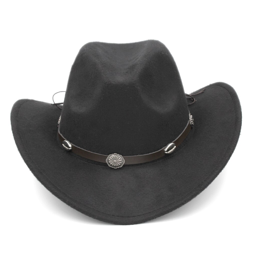 Mistdawn vintage stil bred skygge western cowboy hat cowgirl cap australsk stil hat m / læderbånd størrelse 56-58cm: Sort