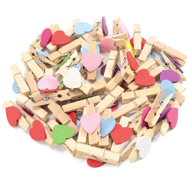 100 Mini Houten Hart Pinnen Fotopapier Clip Wedding Decor Craft (Gemengde)