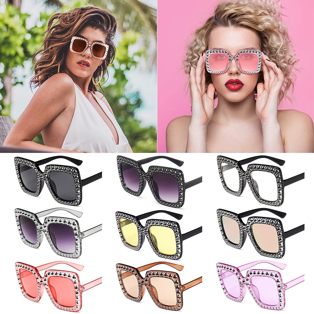 Luxe Zonnebril Grote Vierkante Strass Zonnebril Vrouwen Vintage Kristallen Oversized UV400 Eyewear