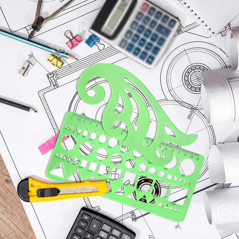 11 stück Geometrische Zeichnungen Vorlagen Kunststoff Klar GrüNe Kunststoff Herrscher mit 1 Pack Poly Reißverschluss Umschläge für Studium,