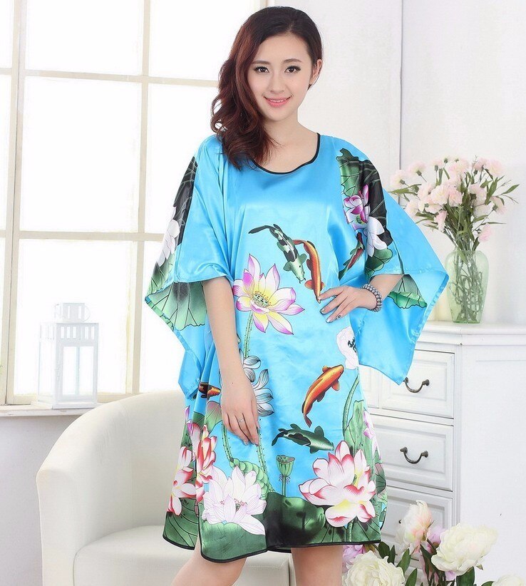 Light Blue Ladies Robe Summer Pajamas Chinese Women Rayon Sleepwear Kimono Bath Gown Nightgown 8005