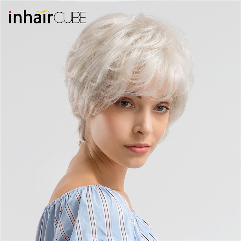 INHAIR küp sentetik karışımı saç doğal dalga kısa peruk patlama ile gri beyaz kabarık çok katmanlı peruk kadınlar için ücretsiz hediye: 101