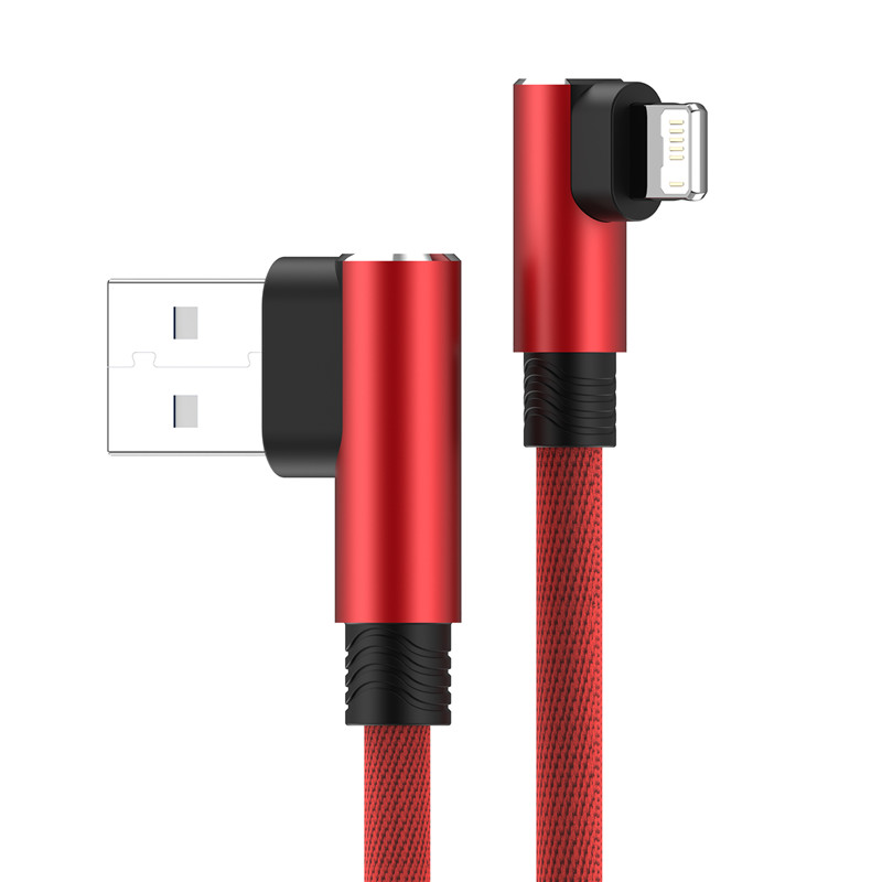 Câble USB pour iPhone 13 12 11 Pro Max XS XR X 8 7 Plus 6 6s 3A câble USB de synchronisation de données de charge rapide cordon de chargeur coudé à 90 degrés 3m: Rouge / 2m