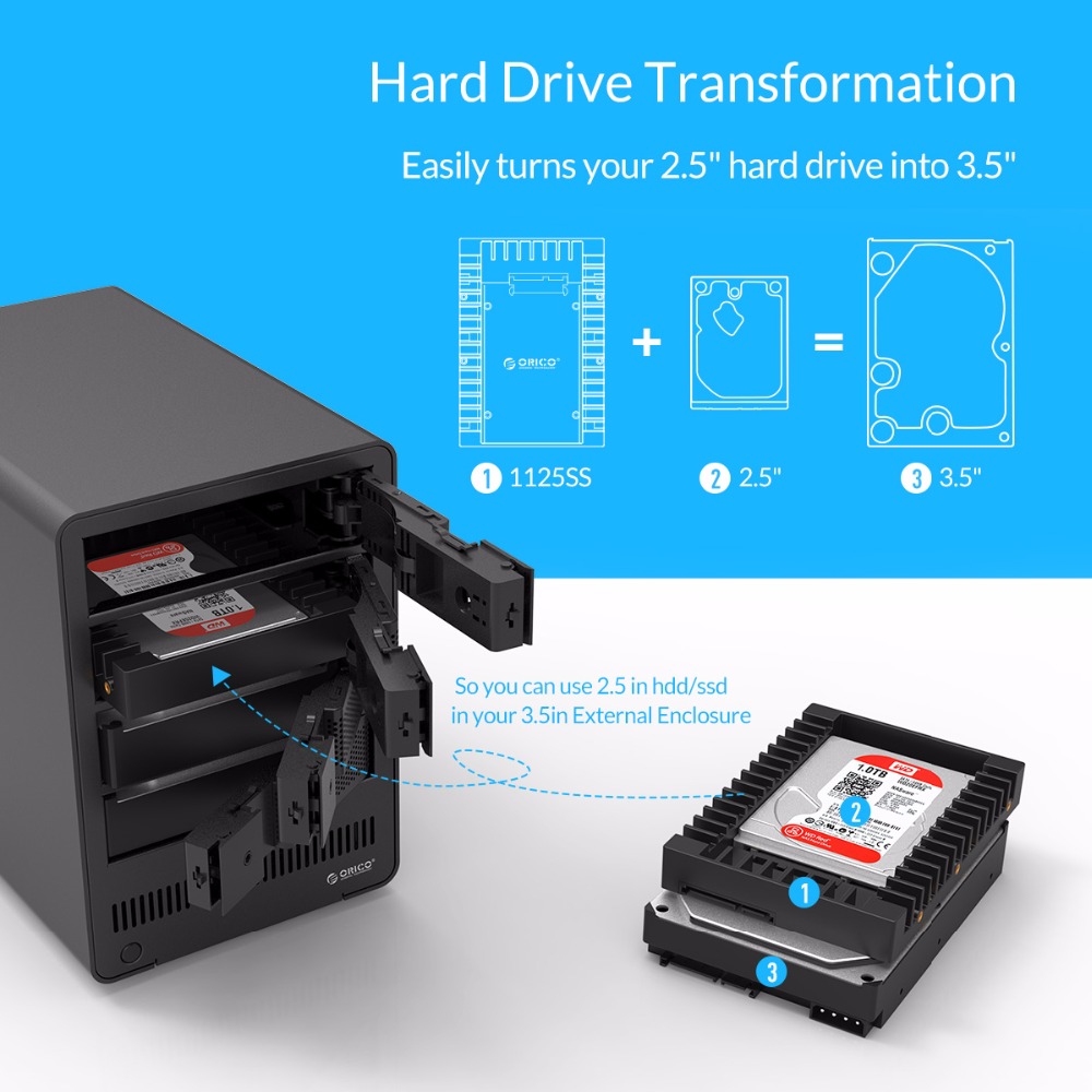 Orico hard drive caddy 2,5 to 3,5 supports sata 3,0 to usb 3,0 gbps 6 supports 9,5/12,5mm 2,5 inch sata hdds and ssds, tool-free