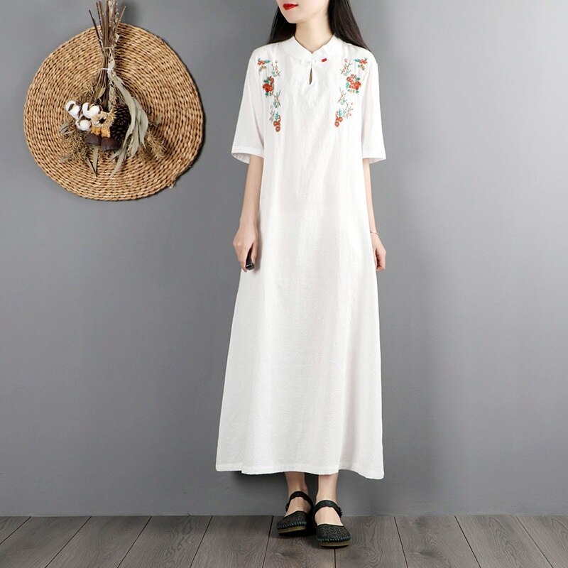 Chinese Dress Qipao Women Long Cheongsam Dress Cotton Linen Embroidery Chinese Traditional Dress Long Dress Qipao KK3698