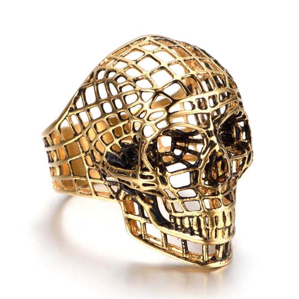 Gold Silver Color Big Skull Ring for Men Biker Ring Punk Hollow Mesh Jewelry: 14 / Gold