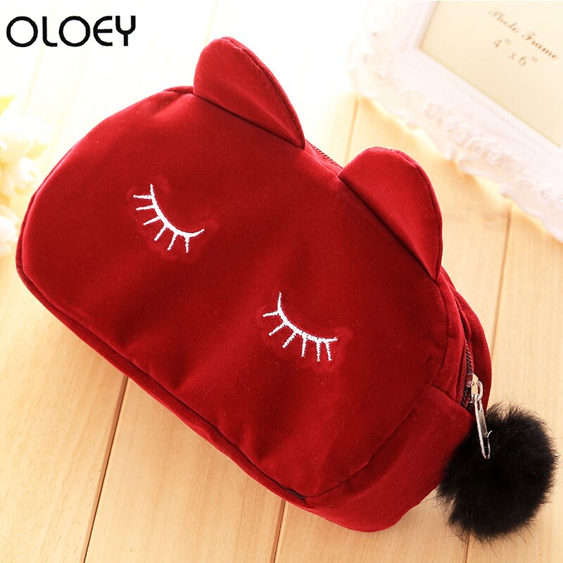 Stoffen schoonheidsset reis toilettas schattige kat pluche tas