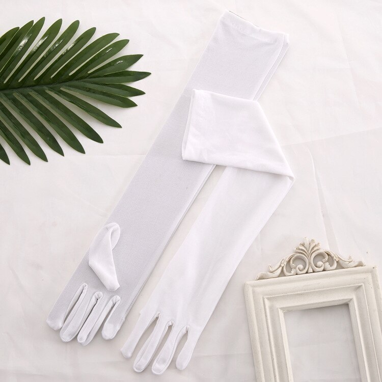 Guantes De boda largos para mujer, manoplas De satén para baile, color rojo, negro, blanco, marfil y rosa, 45CM De longitud: Blanco
