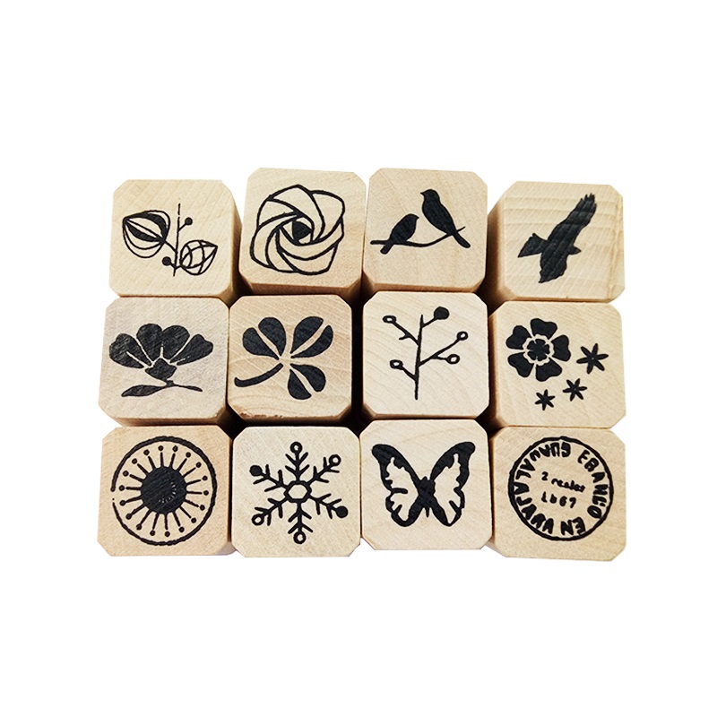 12 Pcs/set Kawaii Nature Pattern Stamps Sets Wooden Rubber Stamp for Scrapbooking Stationery Painting Cards Decor