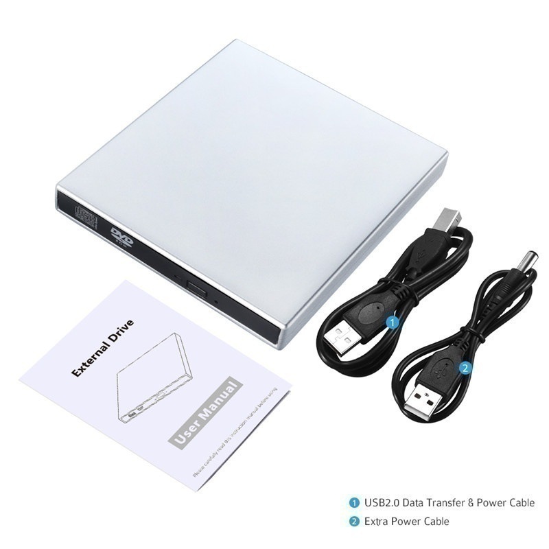 DVD externo portátil unidade óptica, USB 2.0, CD/DVD-ROM, CD/DVD-RW Player, queimador, leitor fino, gravador para Windows, Mac OS, prático: Prata