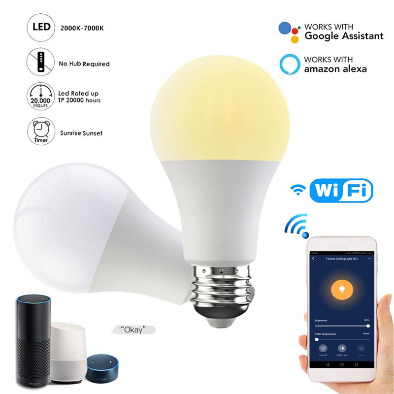 WiFi Light Bulb B22/E27 LED Smart Light Bulb Color Changing Lamp Siri Voice Control Google Assistant Equivalent AC 110V 220V
