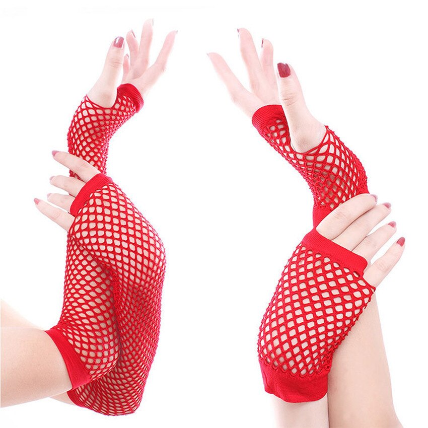 10Punk Goth Lady Disco Dance Costume Lace Fingerless Mesh Fishnet Gloves Hand Gloves guantes eldiven handschoenen: Red 