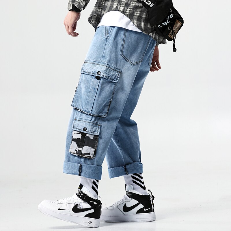 pantalones vaqueros Cargo para hombre Pantalones vaqueros azules holgados bolsillos laterales vaqueros para motociclistas pantalones vaqueros Hip Hop hasta el tobillo para hombre Pantalones para correr