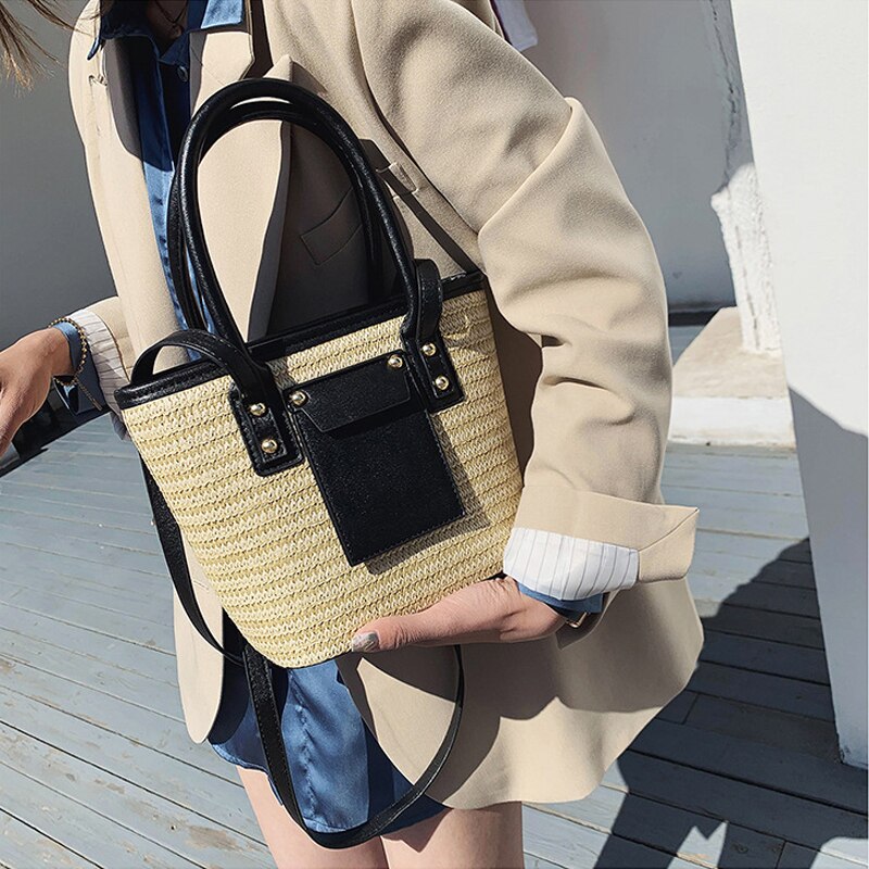Sacs à main en rotin tissé pour femmes, sacs messenger à épaule, sac de plage d'été en pu patchwork, sacs en paille seau, bourses décontracté