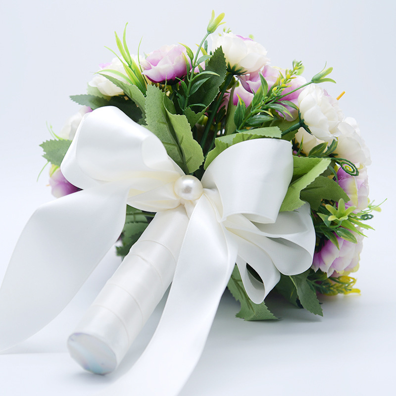 Janevini lichtpaars kunstmatig pioenroos bruidsboeket met lint en zijden bloemen, bruidsboeket met parels en broche