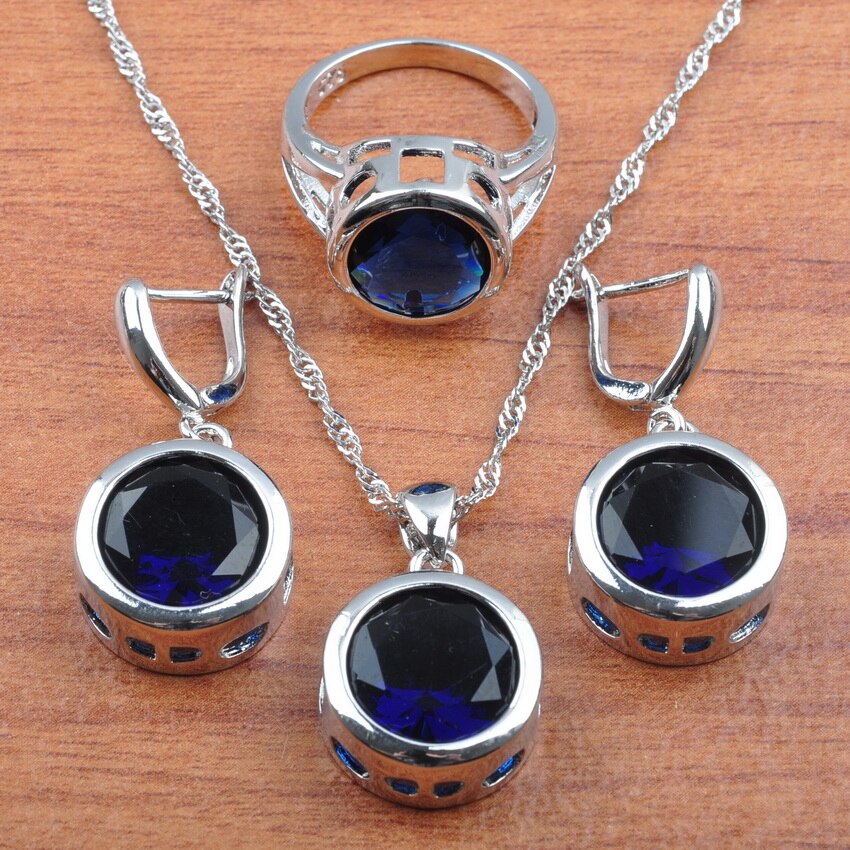 Set di gioielli da sposa per donna orecchini in argento con zirconi blu e collana con ciondolo anelli set di braccialetti JS0371: 3pcs Jewelry Sets / 8