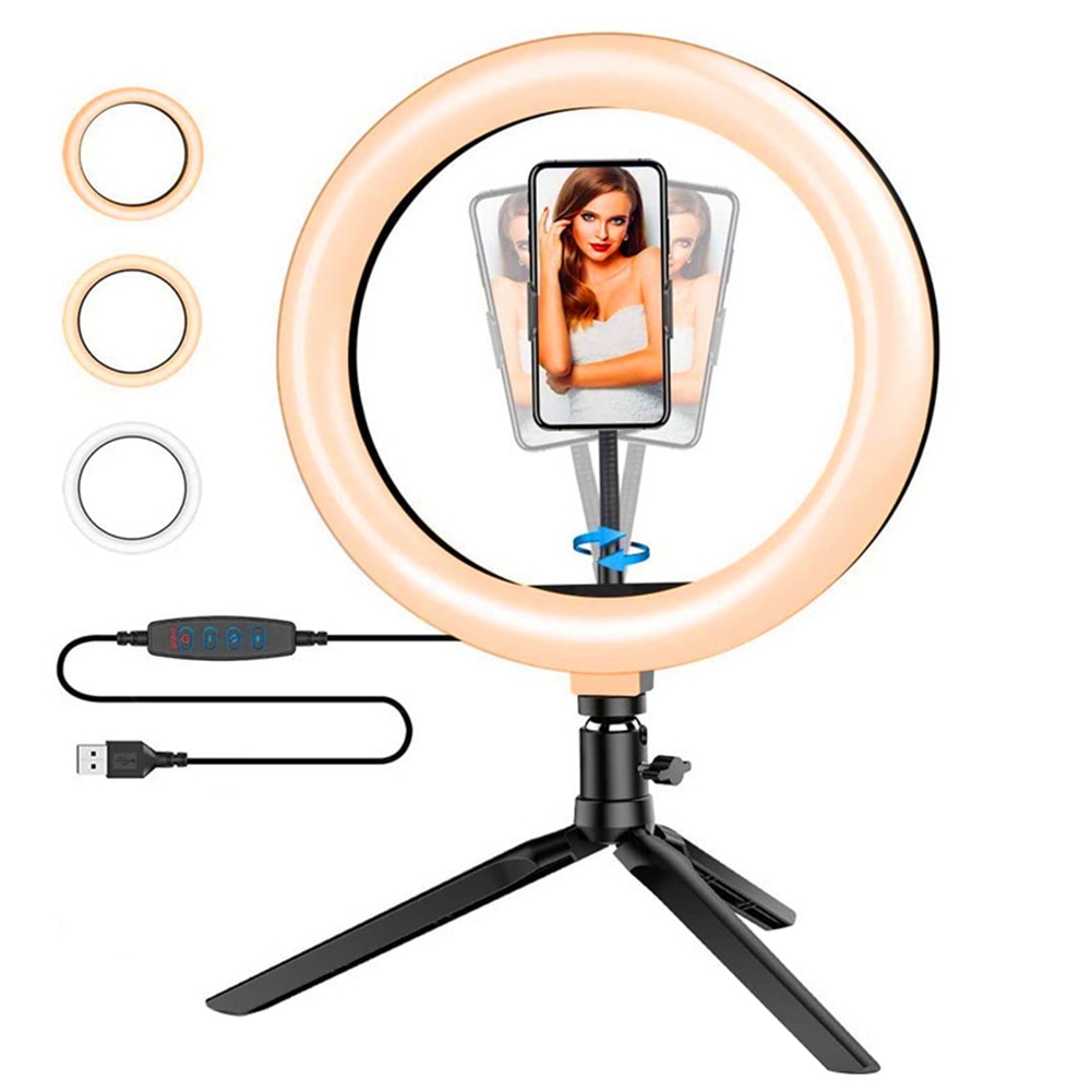 10.2 Inch LED Ring Light Dimmable USB Selfie Filled Light 3 Modes and 11 Brightness Levels With Phone Holder and Tripod