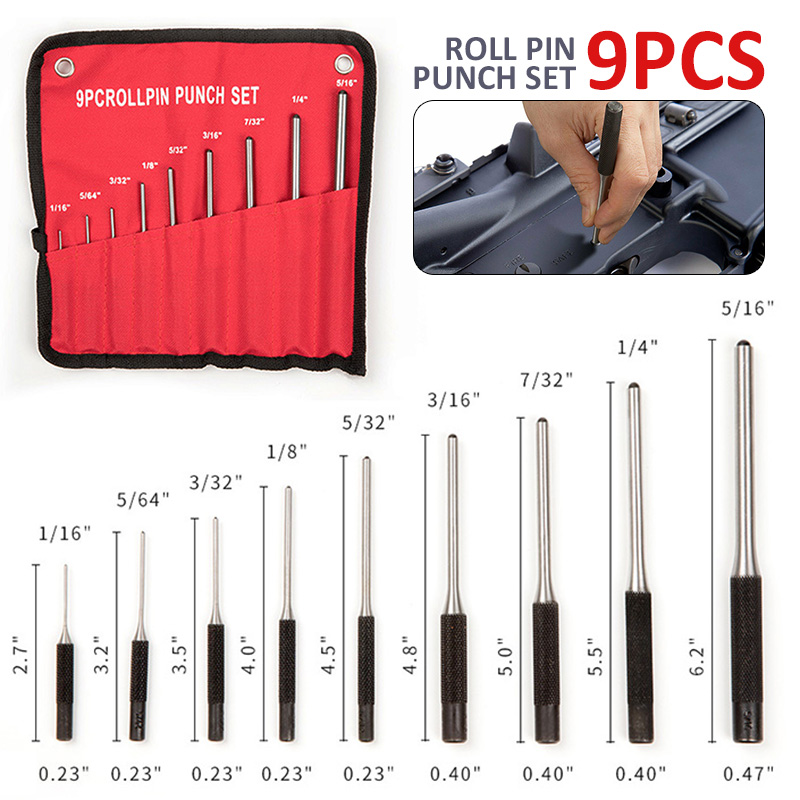 9pcs Roll Pin Punch Set Hand Remover Cylindrical Drilling Tools Bolt Watch Removing Repair Tool w/ Pouch
