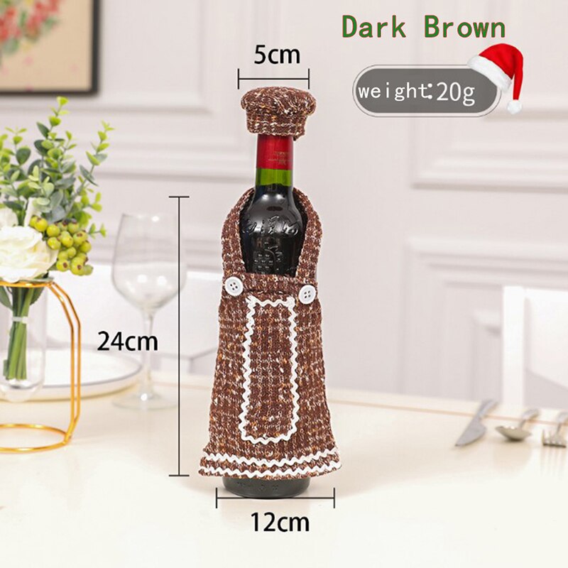 Chique kerstdecoratie gebreide wijnset ornament hoes wijnfles: Donkerbruin