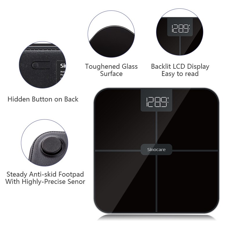 Sinocare-báscula de grasa corporal con Bluetooth, balanza de baño de 0,1 kg de precisión con 3 piedras/kg/lb, pantalla LED cuadrada con APP