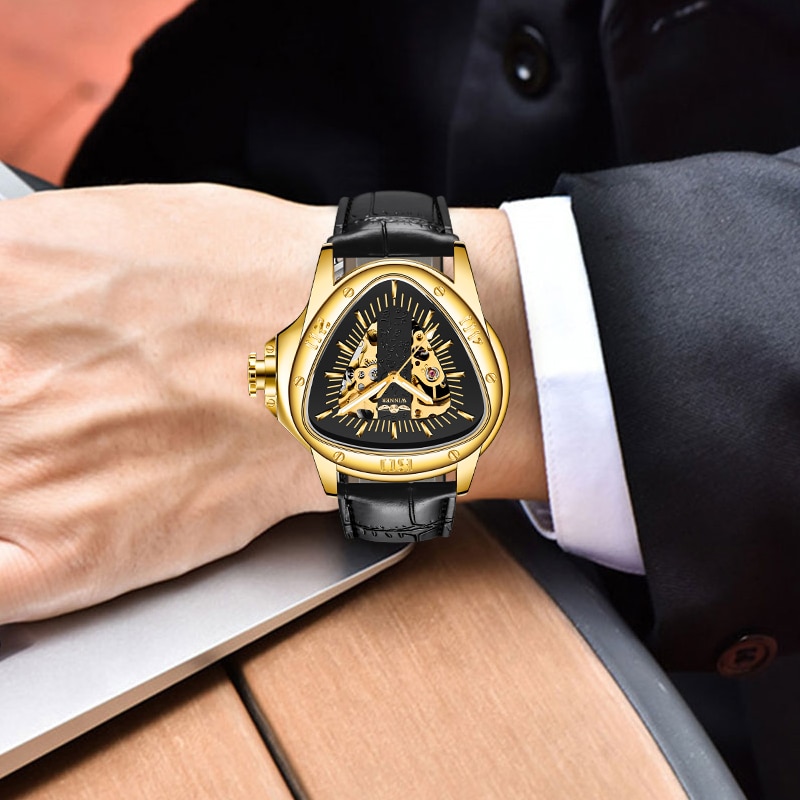 WINNER Men Automatic Mechanical Watches Steampunk Triangle Golden Skeleton Movement Mysterious Luminous