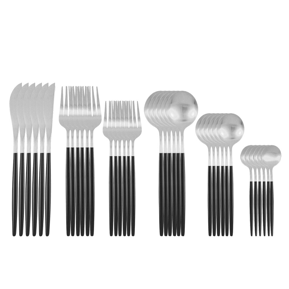 36 pièces or mat couverts ensemble de couverts en acier inoxydable vaisselle Dessert fourchette thé cuillère couteau argenterie cuisine vaisselle: Black silver