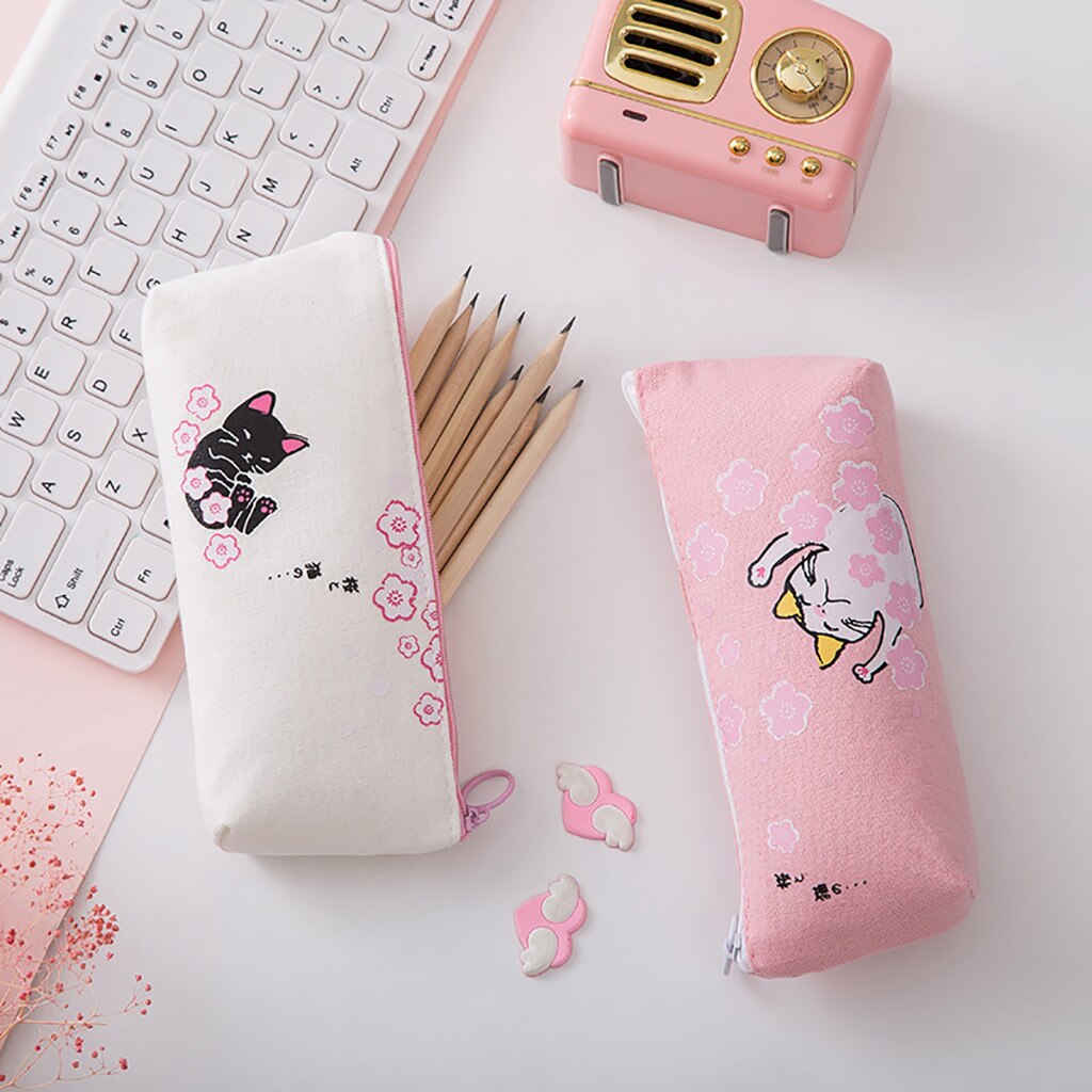 Kawaii Pink Cat Capacity Canvas Pencil Case Pen Box Girls School Stationery Bag For Girl Stationery Canvas Material Escolar