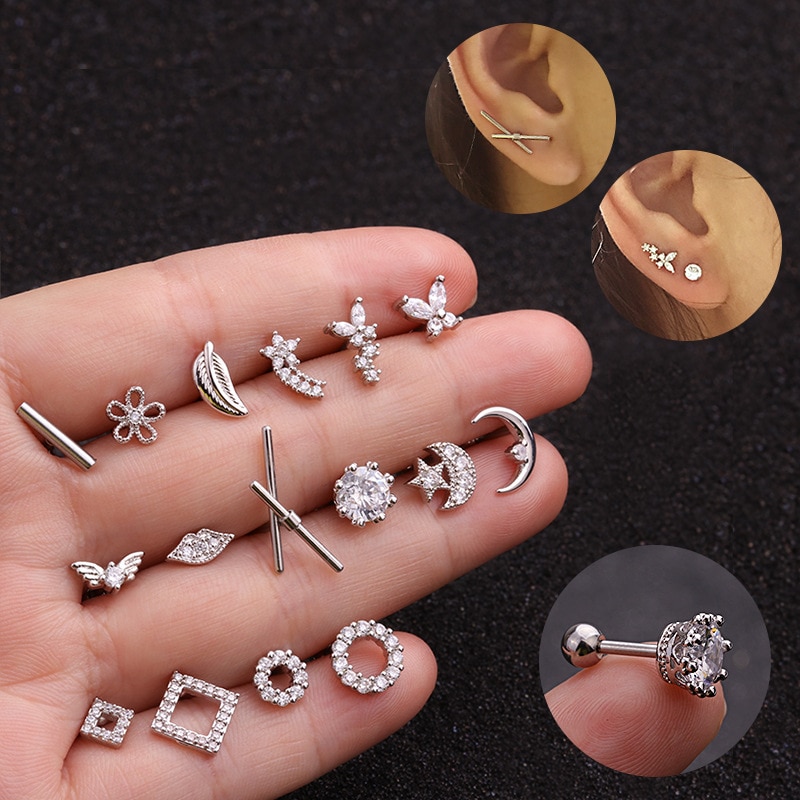 Mix 16 estilos de brinco, brinco de piercing em aço inoxidável tragus cartilagem cz flor lua e estrela de hélix joia de piercing rook