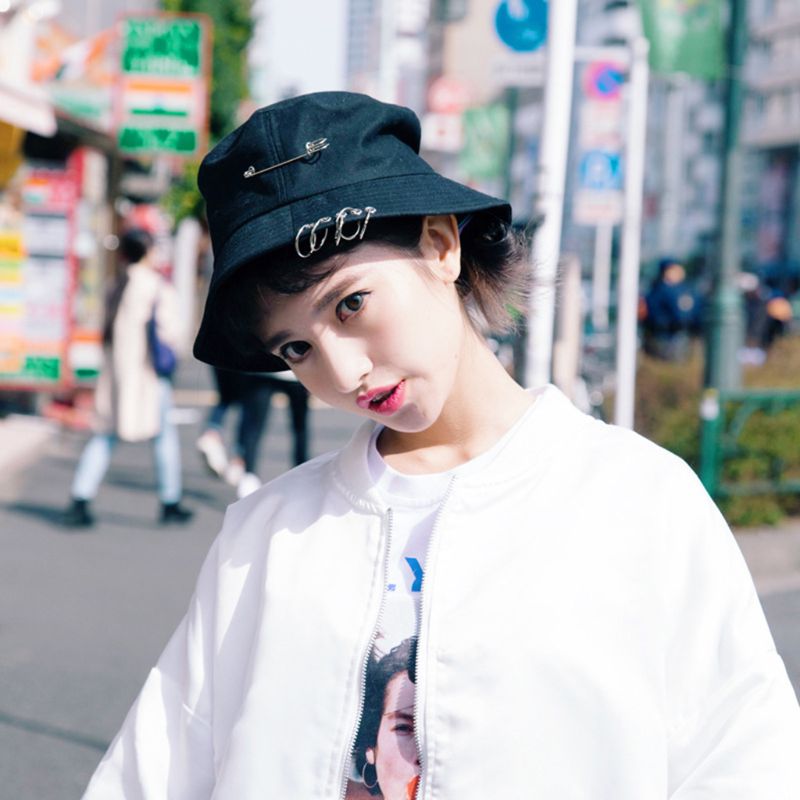 Harajuku Punk algodón personalidad sombrero de cubo Metal Pin o-anillos Color sólido ala ancha protector solar plegable Hip Hop pescador Cap