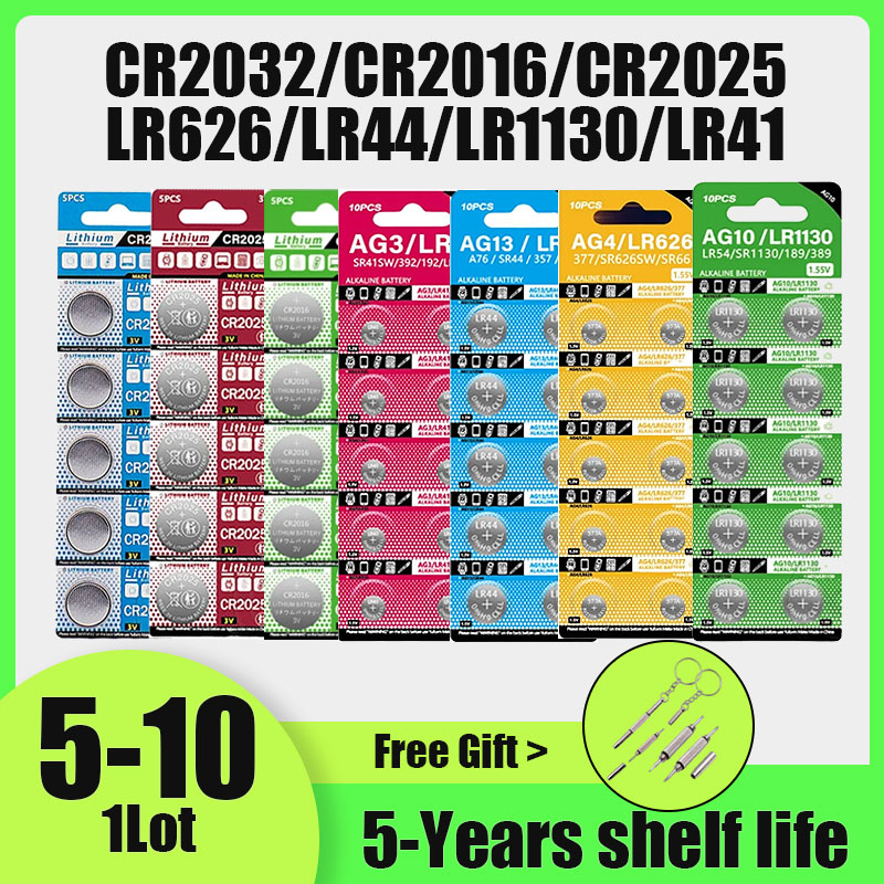 Set di batterie a bottone 5-10 pezzi CR2032 CR2025 CR2016 LR41 LR44 LR626 LR1130 Batteria al litio da 3V per orologio, giocattolo, telecomando, calcolatrice