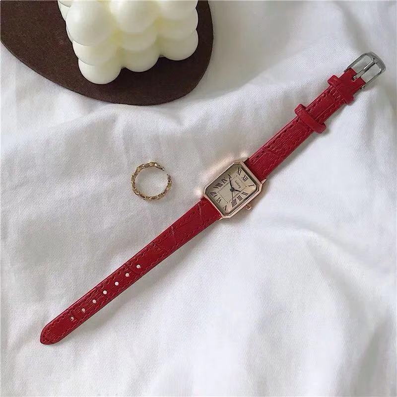 Retro Roma Rechthoek Vrouwen Horloges 2022 Brand Vintage Leer Vrouwelijke Quartz Klok Blauw Pointer Dames Bruin Horloges: Rood