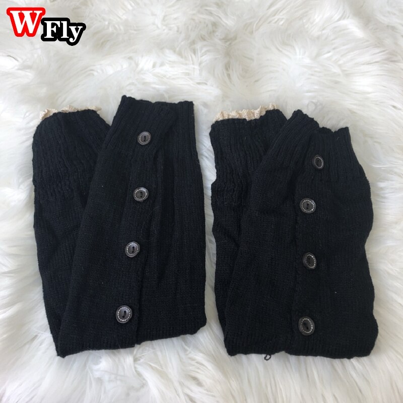 Calentadores de pierna con botón para mujer, medias, calentador de piernas JK Lolita Kawaii, tejido de lana, calentador de piernas, conjunto de botas de manga: black