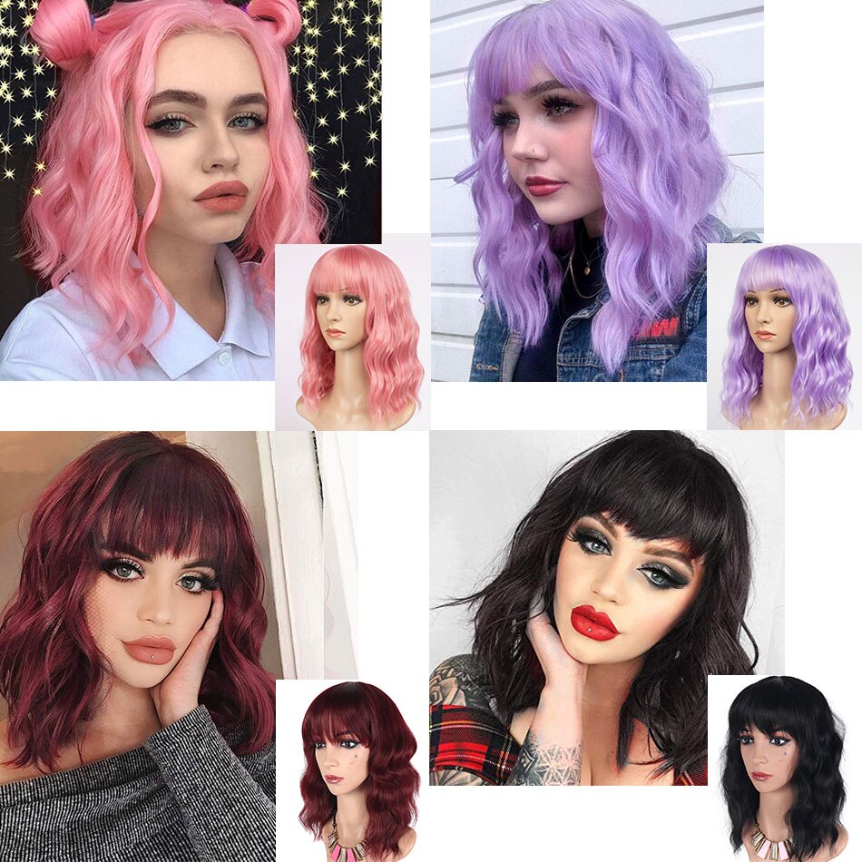 Roze Golvend Pruik Met Pony Korte Bob Pruik Krullend Golvend Bob Synthetisch Rood Blonde Groen Paars Pruiken Hoge Temperatuur Cosplay pruik Msholy