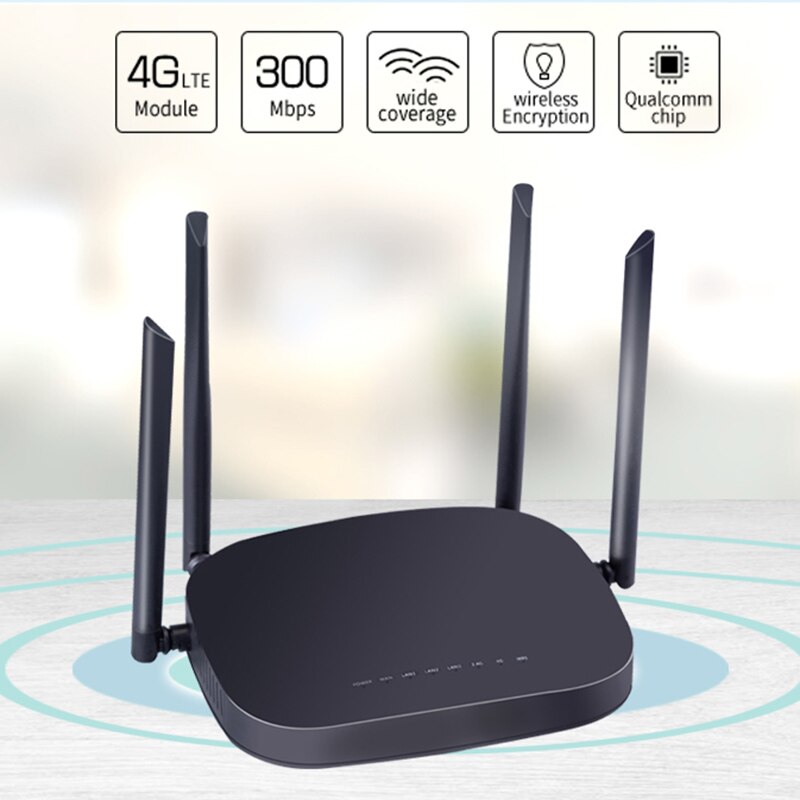 4G CPE Router 3G/4G LTE 300Mbps Wireless Wifi Hotspot with Sim Card Slot 4 Antennas for Eurpo Asia Pacific EU Plug: Black