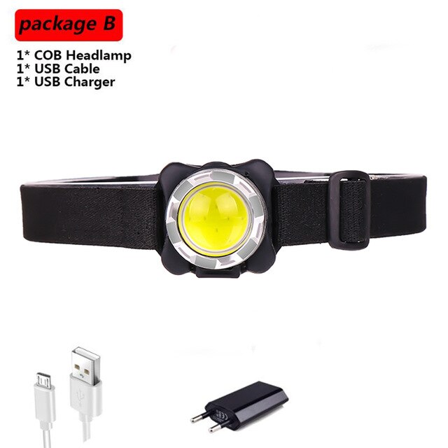 Brightest Headlamp USB Headlight COB LED Head Lamp Rechargeable Head Light Waterproof with Built-in Battery White Red Lighting: Package   B / Silver