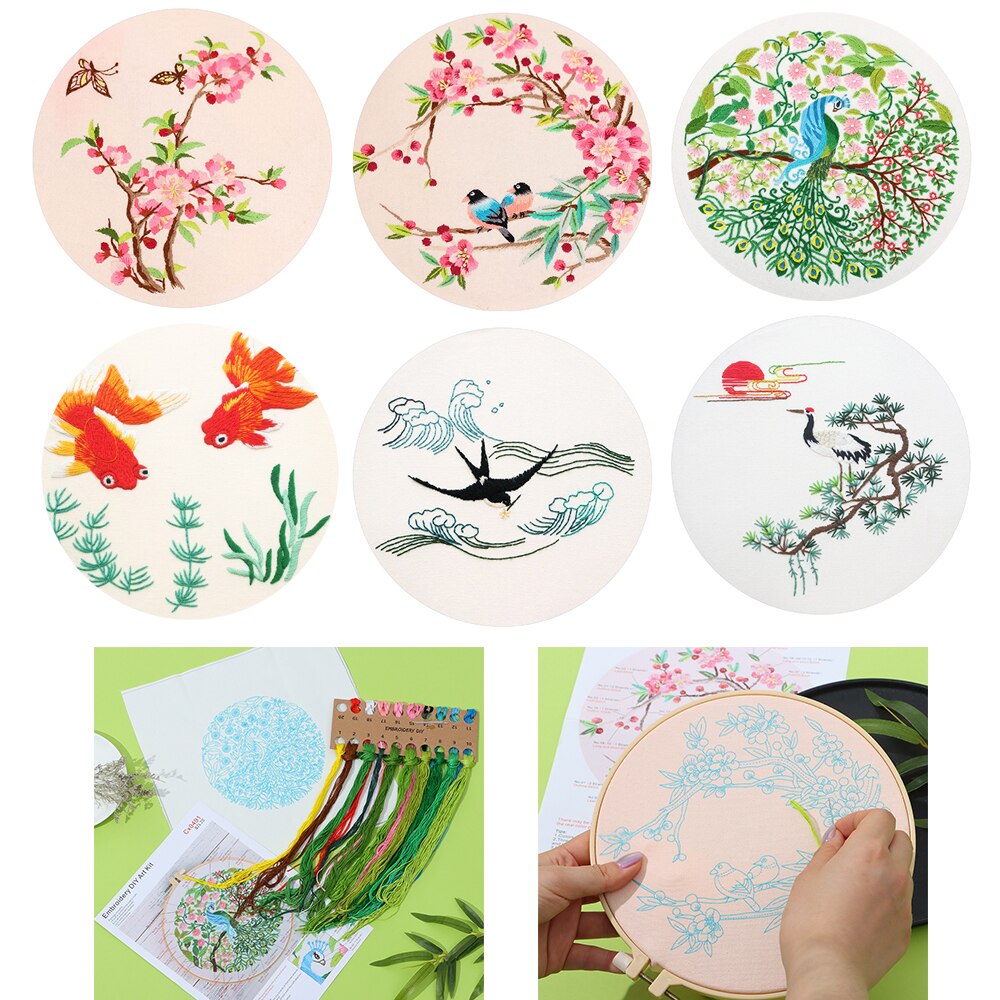 DIY Embroidery Kits with Flowers Plants Pattern for Beginners Full Range of Stamped Cross Stitch Kit with Embroidery Hoop