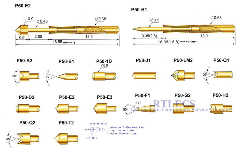 100pcs Spring Loaded Test Probe P50 Series Bare PCB Testing Probe Pogo Pin Gold Plated Rated 3A Tip Style Choose to Order