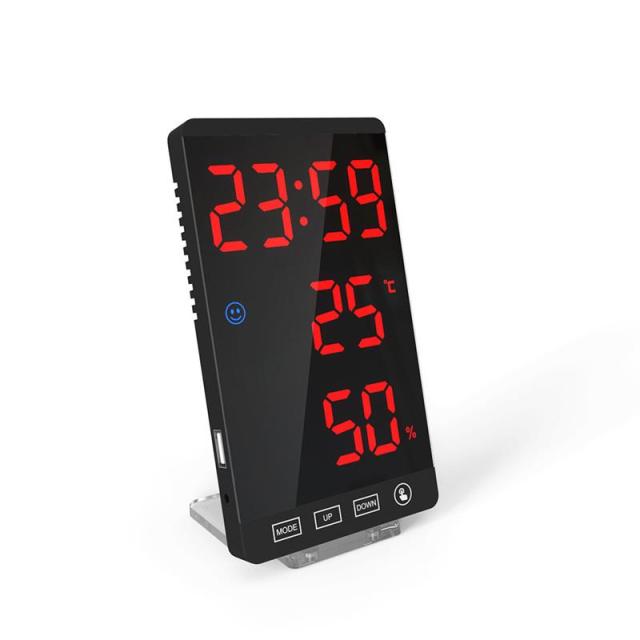 Led Mirror Alarm Clock Touch Button Wall Digital Clock Time Temperature Humidity Display Usb Output Port Table Clock: Bold red