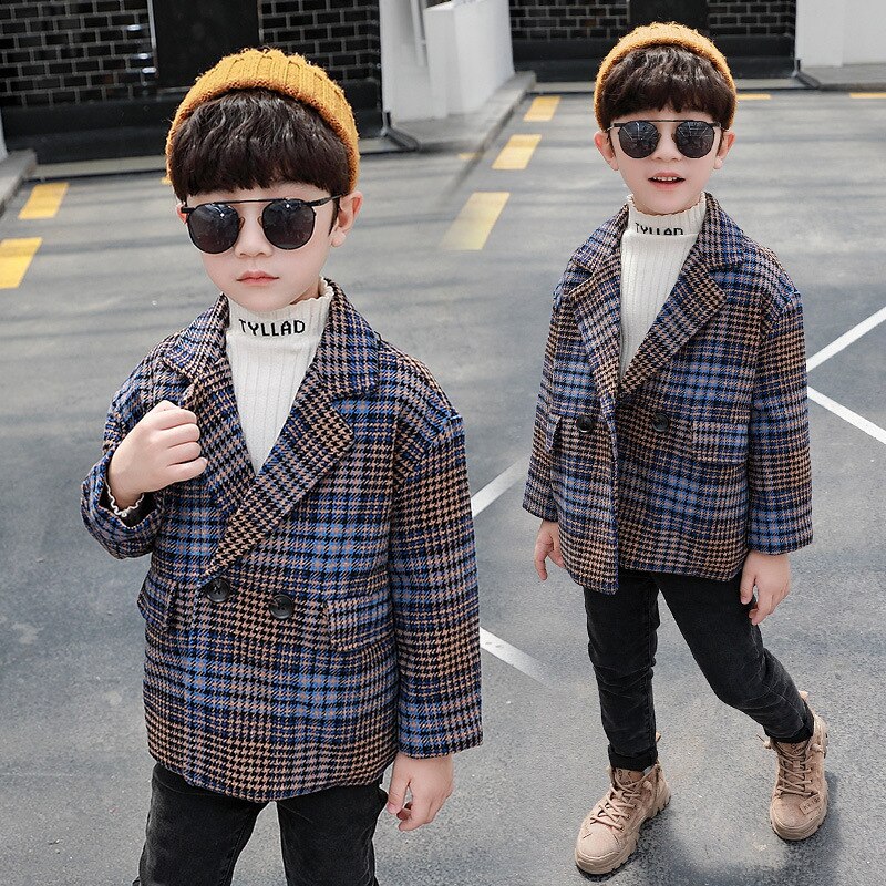 Britisk stil drenge uldjakker børn efterår og vinter tyk plaid frakke børn overfrakke: 4t