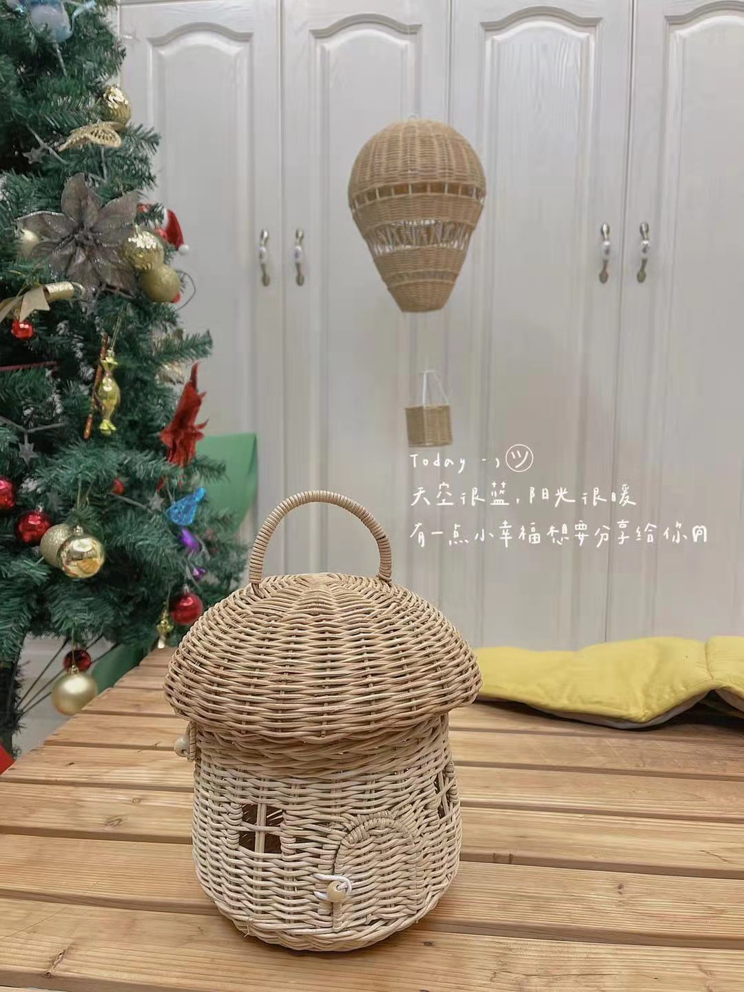 Cesta de mimbre hecha a mano con forma de seta para niños, bolso de mano para niña, bolso de playa de ratán, decoración para niños