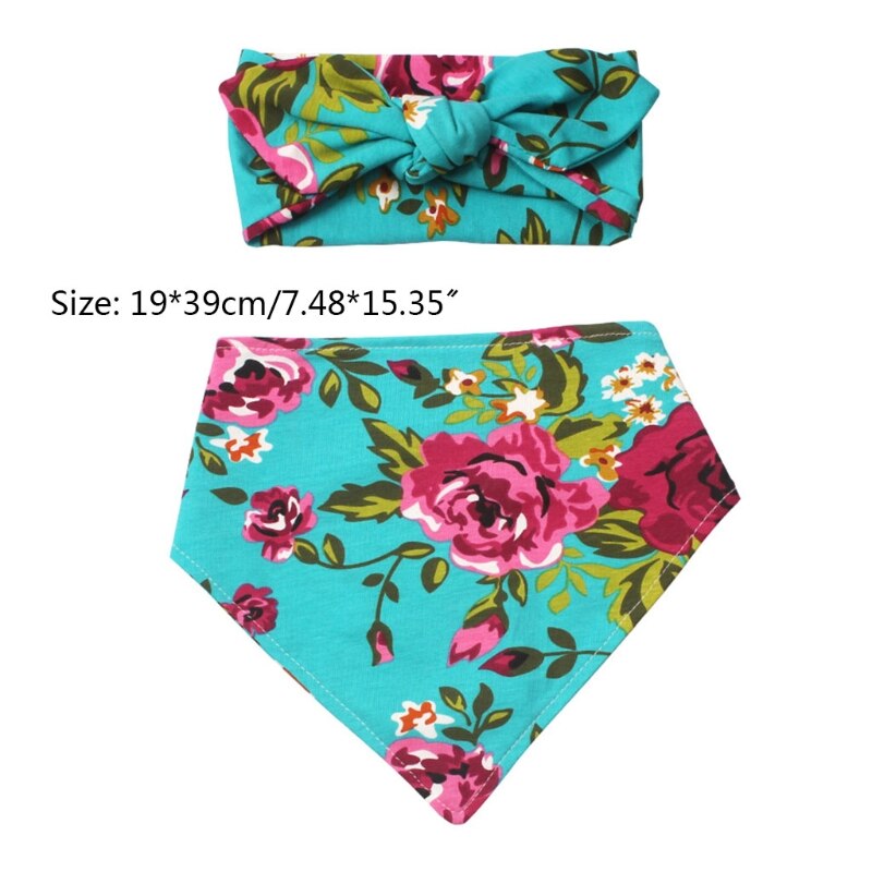 Set di fascia per bavaglino con bretelle per allattamento per bambini 2 pezzi bavaglino con stampa floreale a doppio lato Kit fascia per capelli asciugamano Saliva morbido puro cotone
