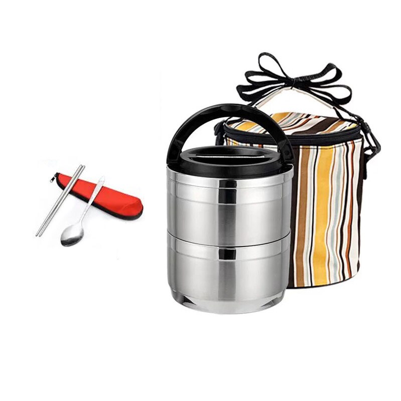 Portable Office Worker Bento Box Stainless Steel Picnic Insulation Leakproof Food Container Kitchen Large Lunch Box Tableware: 2 Layer and Bag Set