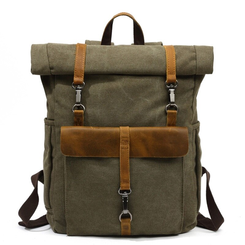 Europe Canvas Leather Backpacks 14" Laptop Daypack for Traveling Teenager Back Pack Student Computer Rucksacks: Army green