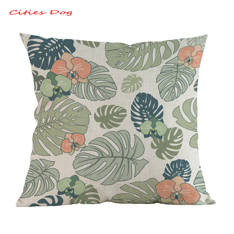 Cojín con de hojas de plantas tropicales, cojines decorativos para kussenhoes, funda de almohada de lino: Y