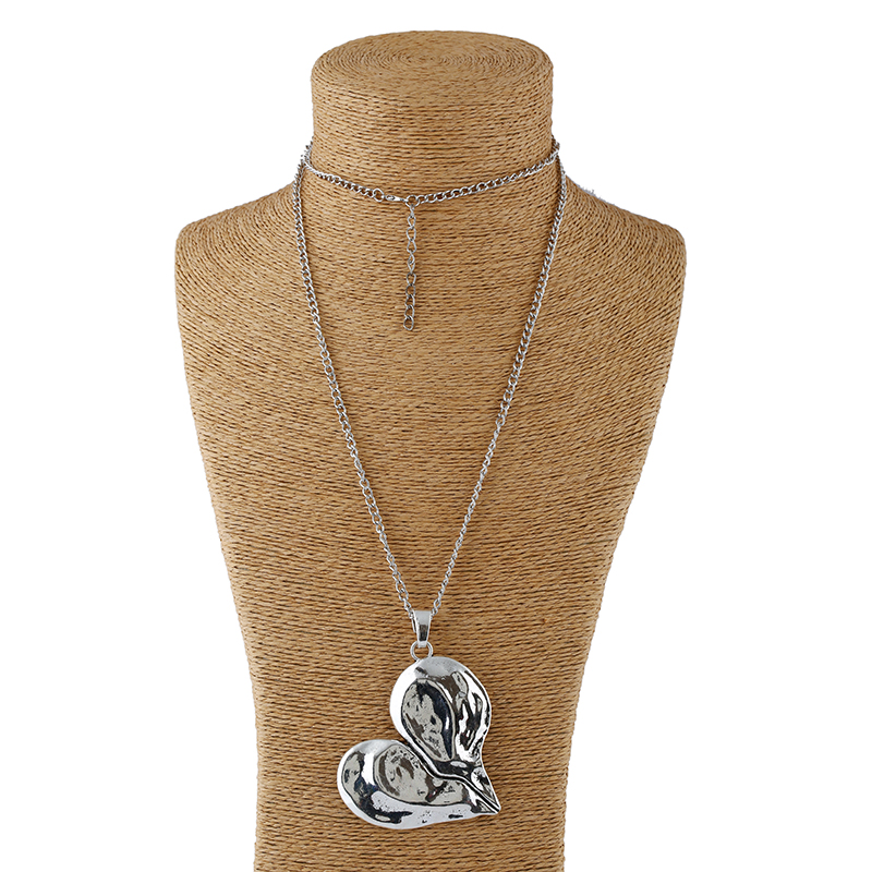 1pcs Antique Sliver Statement Large Abstract Metal Heart Pendant Long Curb Chain Lagenlook Necklace for Women