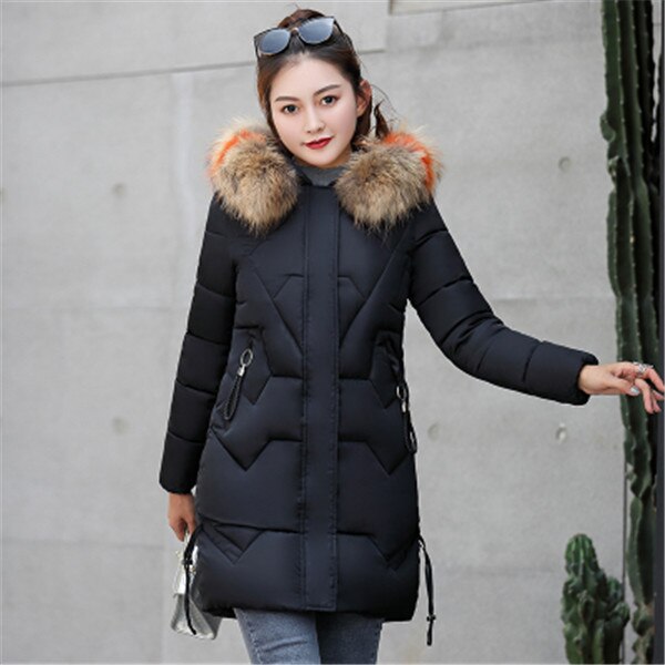 Winter Vrouwen Jas Dikke Warme Hooded Slim Down Katoenen Parka Bontkraag Gewatteerde Uitloper Jassen Lange Kleding Plus Size 3XL: black / L