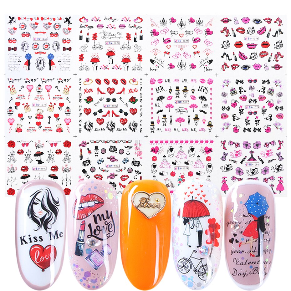 12pcs Romantische Valentijn Nail Art Sexy Lippen Hart Water Transfer Stickers Decals Slider voor Manicure LEBN1069-1080